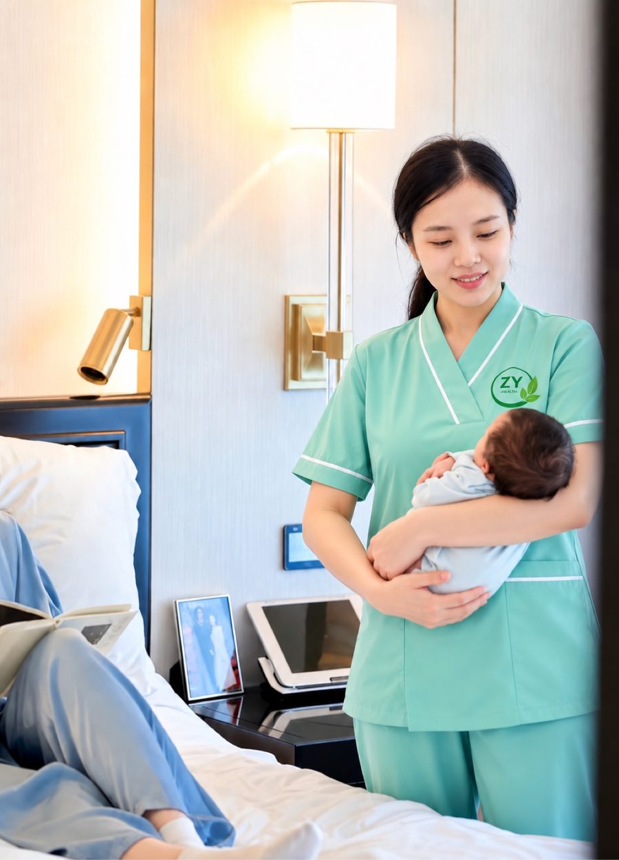 Zhenyi Health doula holding a newborn while the mother rests in bed