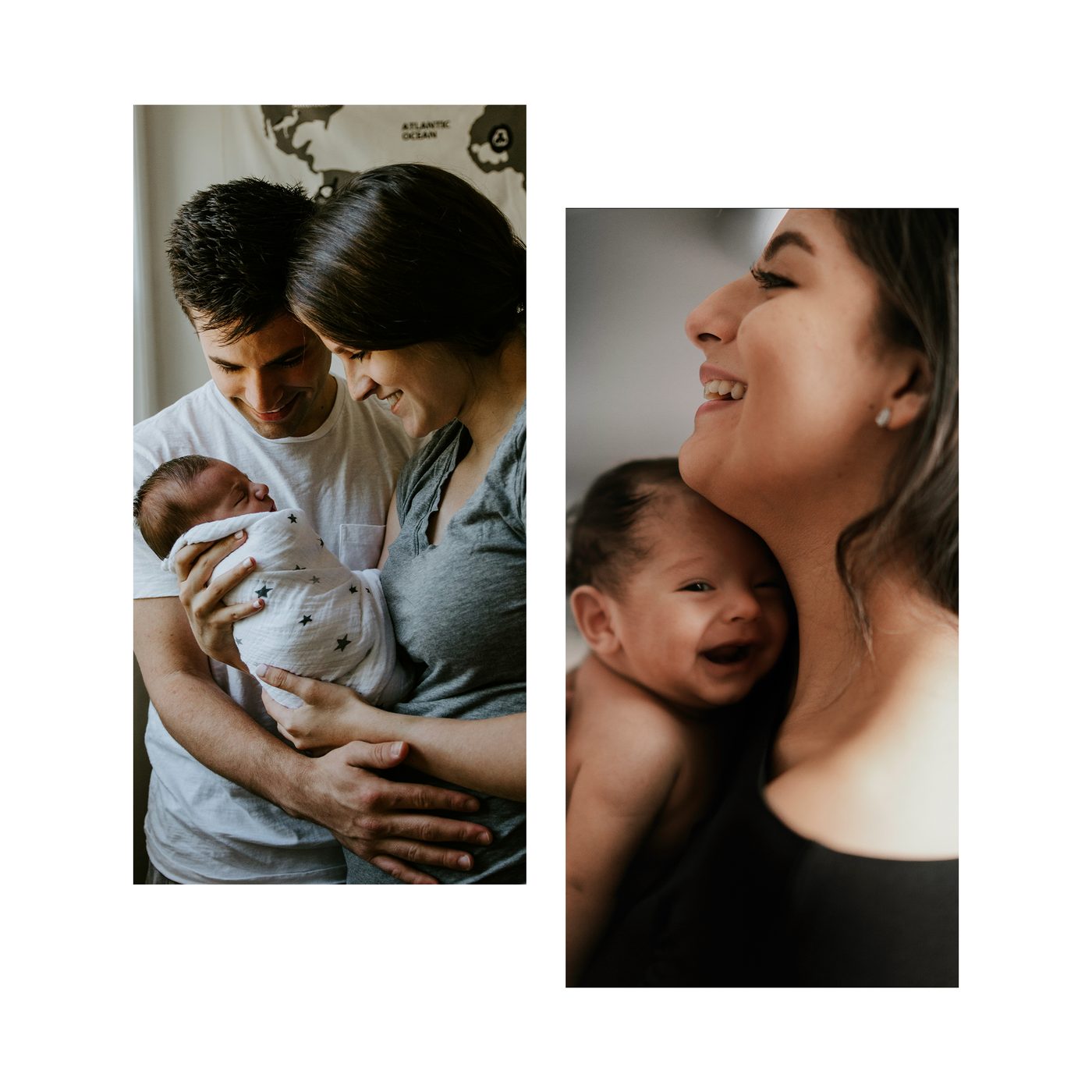 Parents holding their swaddled newborn; mother smiling with her baby