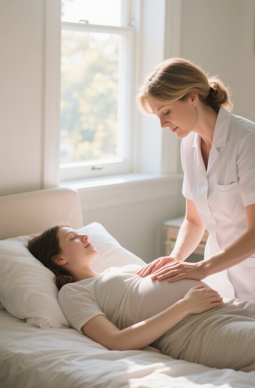 Caregiver gently supporting a pregnant mother at home