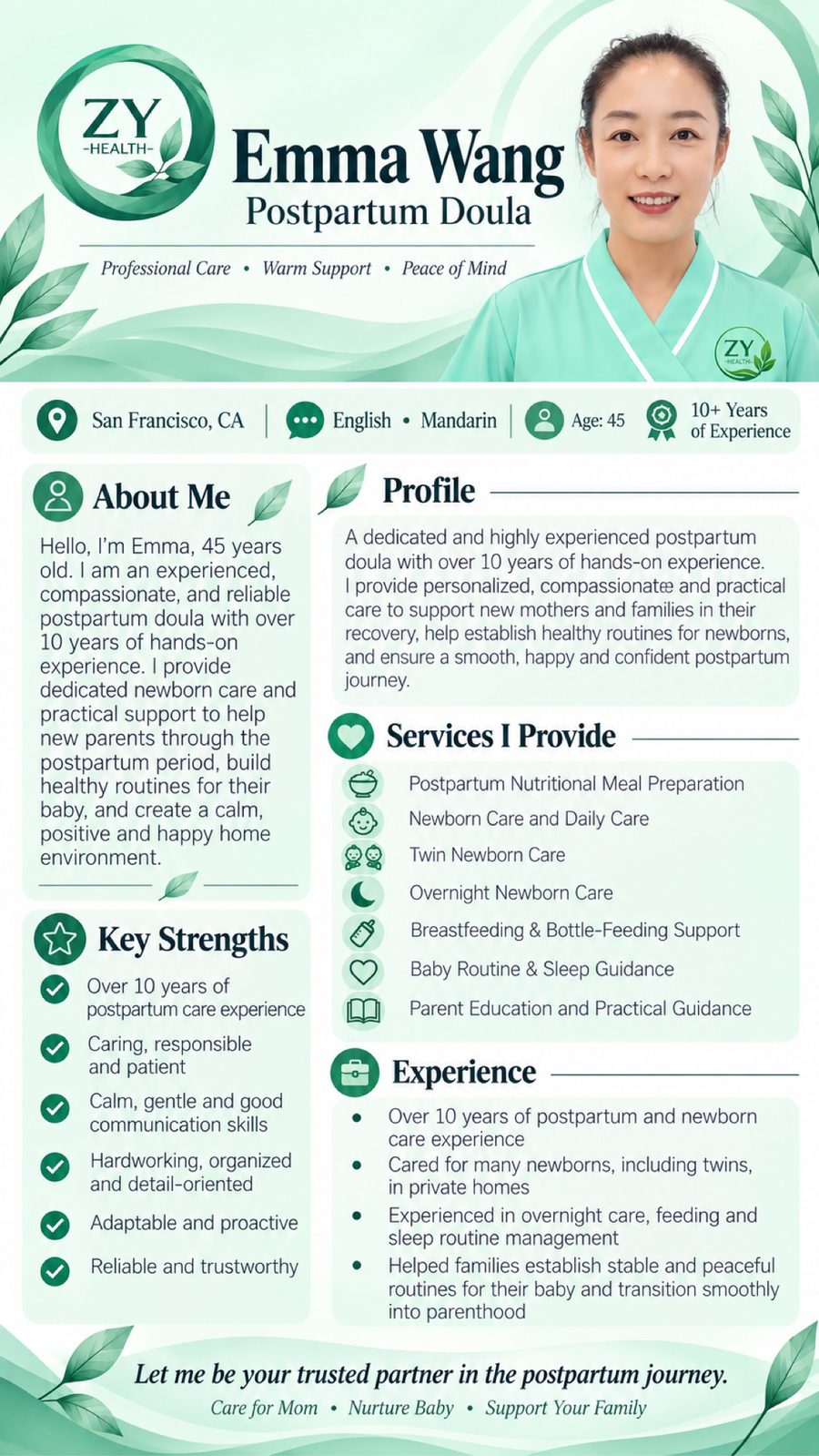 Full professional profile poster for Emma Wang, postpartum doula