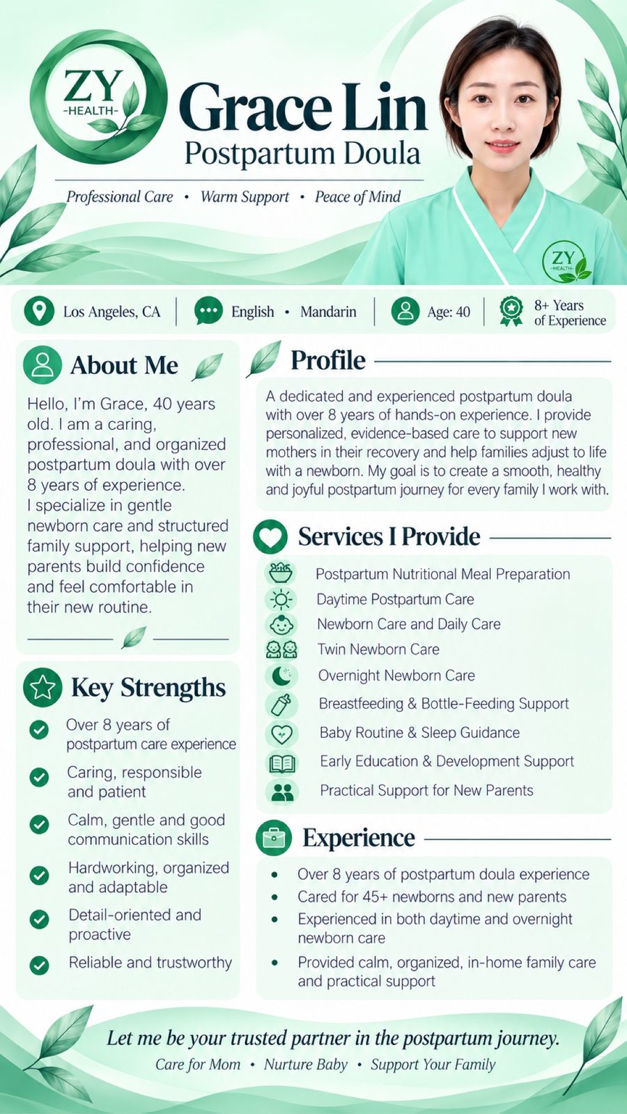 Full professional profile poster for Grace Lin, postpartum doula