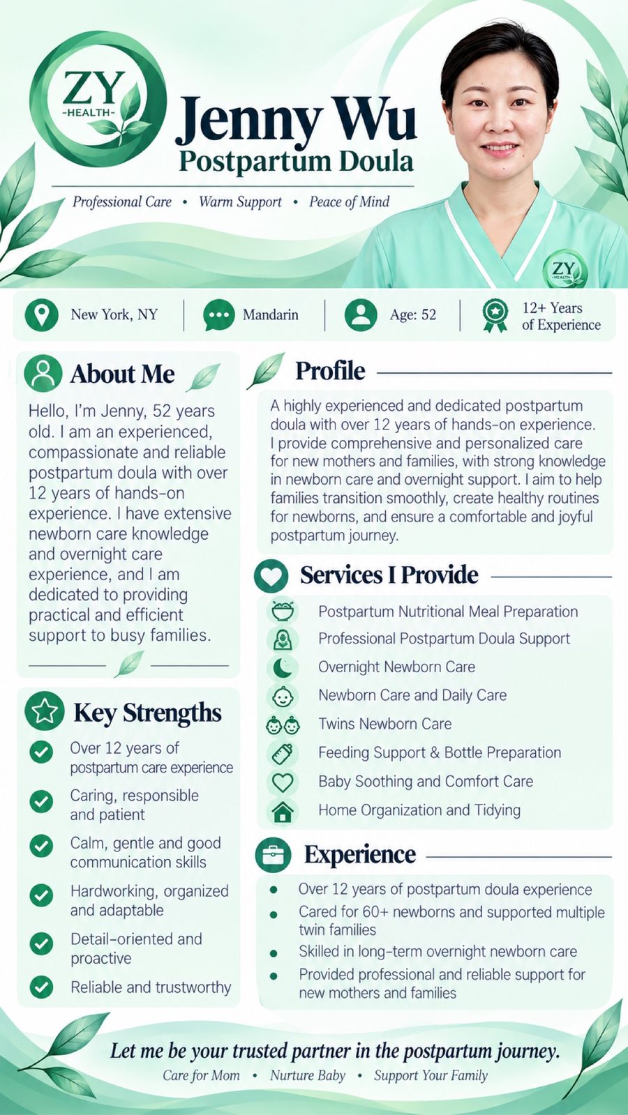 Full professional profile poster for Jenny Wu, postpartum doula