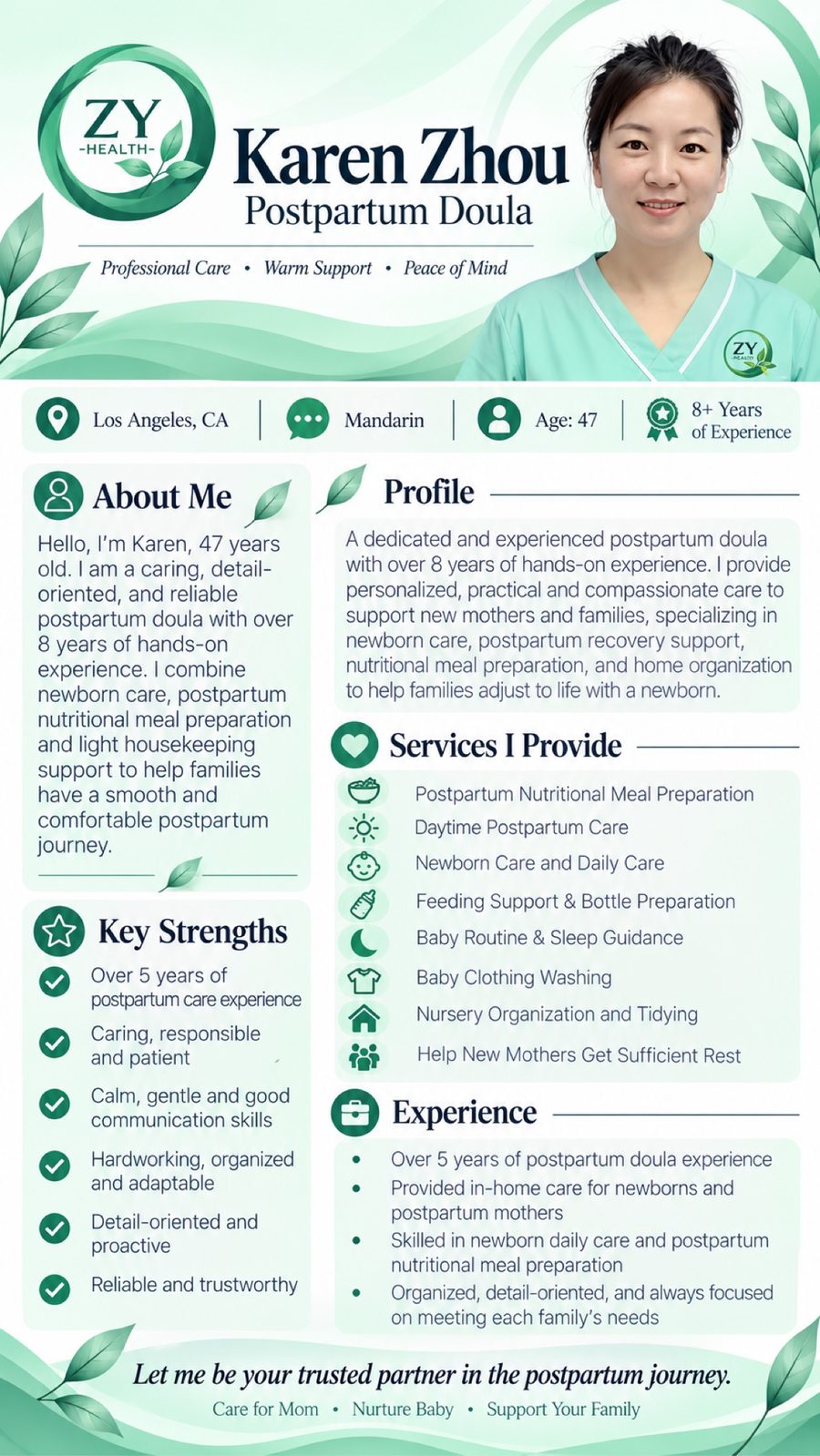 Full professional profile poster for Karen Zhou, postpartum doula