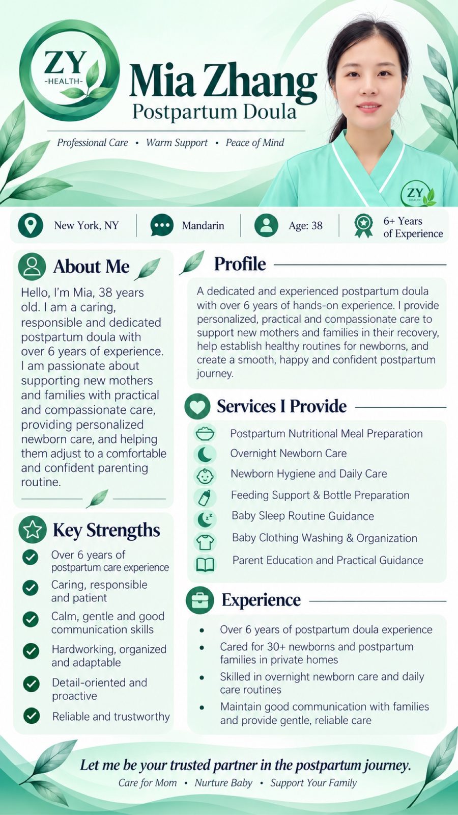 Full professional profile poster for Mia Zhang, postpartum doula