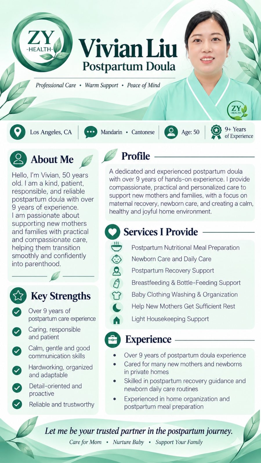 Full professional profile poster for Vivian Liu, postpartum doula