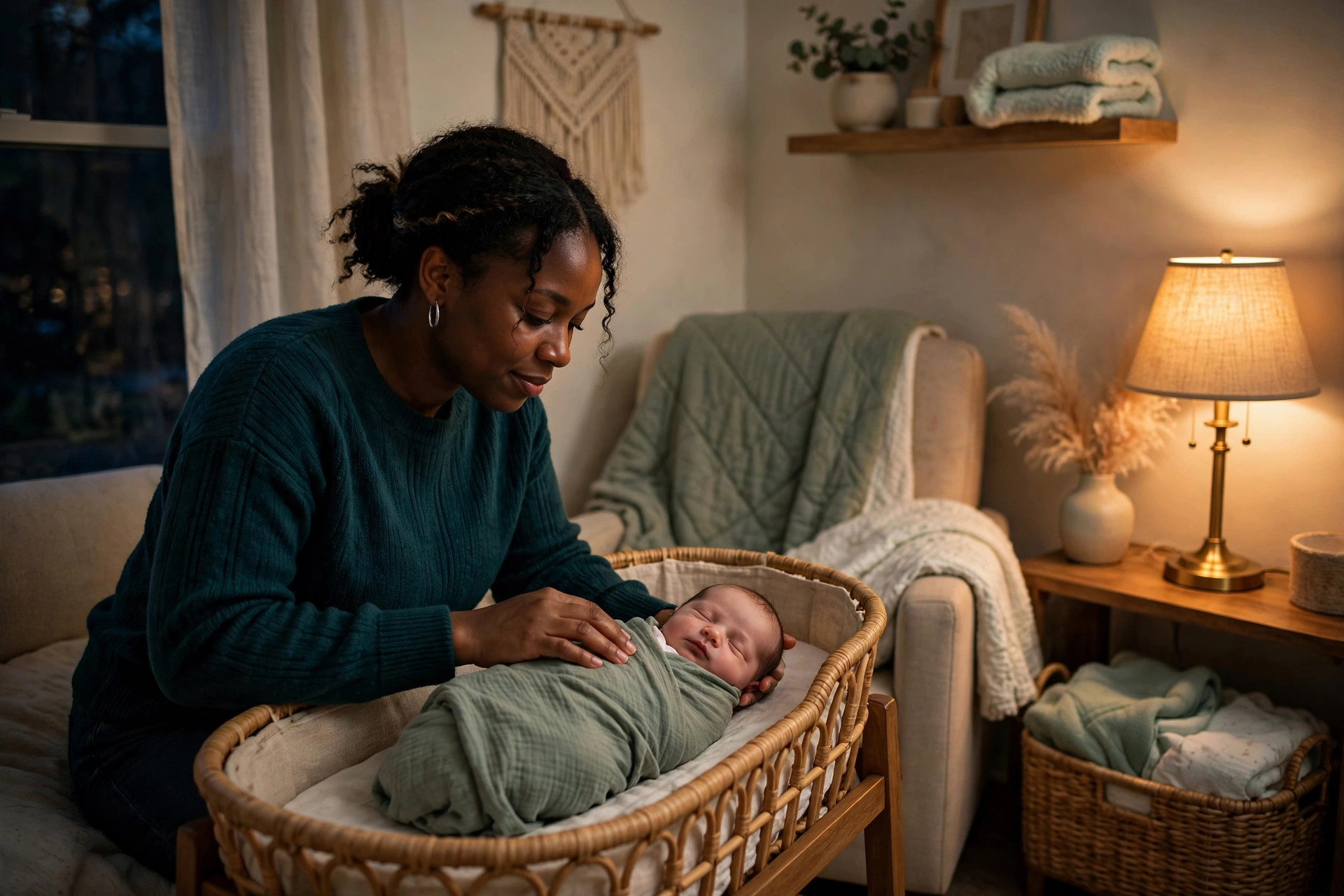 Caregiver holding a sleeping newborn in a softly lit nursery at night